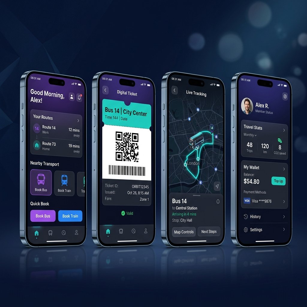 Namma Savaari app screens — home dashboard, digital ticket, live tracking, and profile